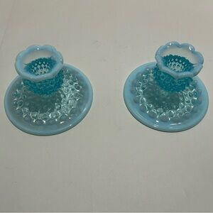 Vintage Blue and Opaline Hobnail Candle Holders - Set of 2 (Pair)